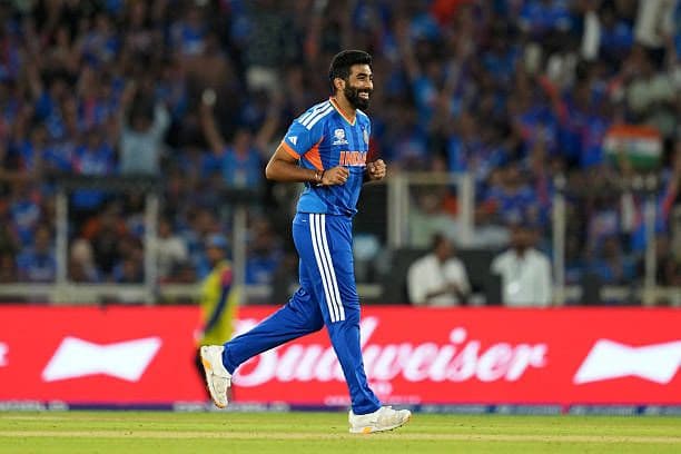 Jasprit Bumrah celebrates after taking a crucial wicket for India.